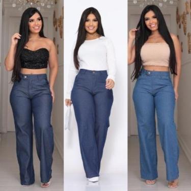 Imagem de Calça Pantalona Jeans Feminina Social Cintura Alta Com bolso na frente
