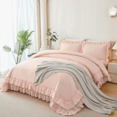 Imagem de ANGIYUIN Jogo de cama King com 5 peças, rosa blush, babados, fofo, casa de fazenda, conjunto de cama com lençol para mulheres (king rosa blush)