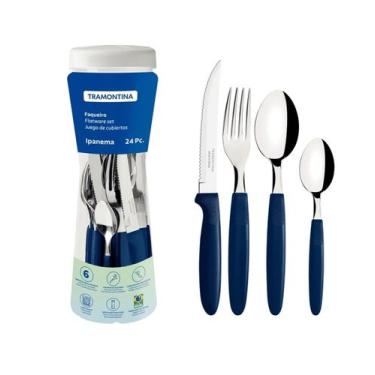 Imagem de Faqueiro Tramontina Ipanema Cabo Azul com Pote Plástico 24 Peças, Azul
