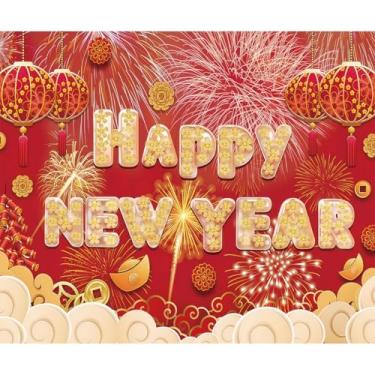 Imagem de Lsseauto Fundo fotográfico de 3 x 2,4 m para o ano novo chinês, lanterna vermelha, nuvens auspiciosas e fogos de artifício para decoração de festa familiar do festival chinês da primavera