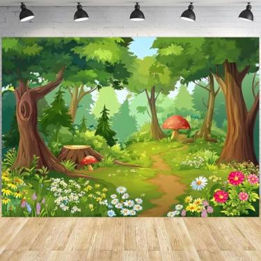 Imagem de Fundo de floresta de desenho animado, fundo de fotografia de floresta encantada de conto de fadas, cenário de flores da selva natureza cogumelo para festa de aniversário, chá de bebê, decoração