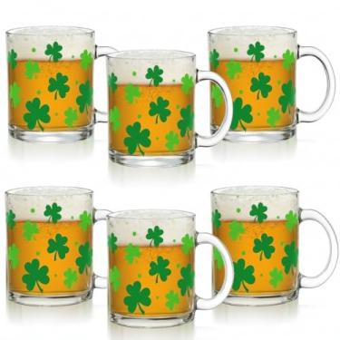 Imagem de Maxcheck Pacote com 6 canecas de café do trevo do Dia de São Patrício de 355 ml, copos de vidro, presentes de trevo verde, copos de vinho transparentes com alça para decoração de festa irlandesa
