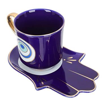 Imagem de Conjunto de xícaras de café para chá malvado: caneca de café de cerâmica turca árabe xícara de chá grega com pires de mão hamsa para bebidas de cappuccino café com leite xícaras de café expresso azul