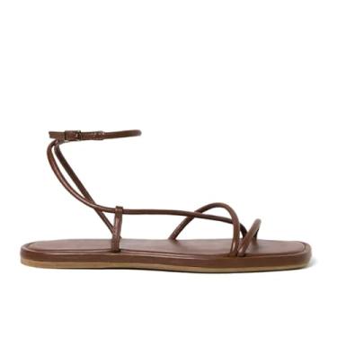 Imagem de STALOV Sandálias rasteiras femininas com tiras quadradas, bico aberto, couro, tira no tornozelo, sandálias rasteiras confortáveis para praia e verão, Chocolate, 36