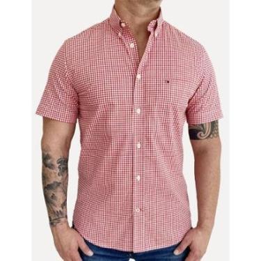 Imagem de Camisa Tommy Hilfiger Masculina Manga Curta Xadrez Gingham Branca/Vermelha-Masculino