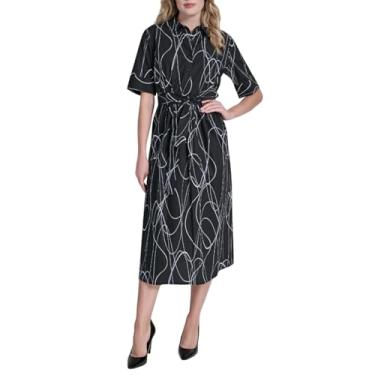 Imagem de DKNY Vestido feminino de manga curta com gola popelina de algodão, preto, 14