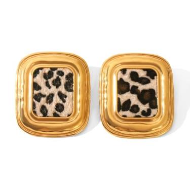 Imagem de Kokoma Brincos femininos com estampa de leopardo, geométrico, quadrado, grosso, aço inoxidável, joias modernas