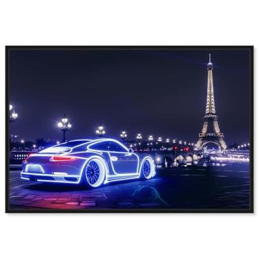 Imagem de Art Remedy Impressões de arte neon em tela neon para carro Paris brilhante, moldura preta, 76 cm x 50 cm