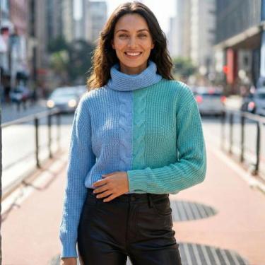 Imagem de Blusa Tricot Manga Longa Bicolor Texturizada - Vitrine Collection, Azu