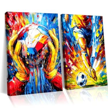 Imagem de Frimeeme Arte de parede em tela de futebol de grafite, 2 peças, decoração esportiva abstrata colorida para quarto de meninos, sala de jogos, emoldurada, 30 x 40 cm