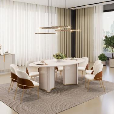 Imagem de Conjunto Sala de Jantar Liz Tampo Elipse com Vidro Orgânico 218cm com 8 Cadeiras Vitta Off White/Terracota/Perola
