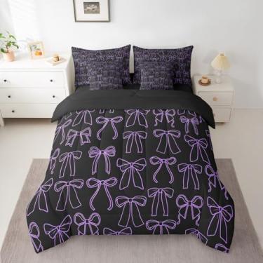 Imagem de Conjunto de edredom casal com laço roxo e preto, 7 peças, para adolescentes e mulheres, em uma bolsa, respirável, macio, leve, microfibra, estilo princesa, decoração de quarto