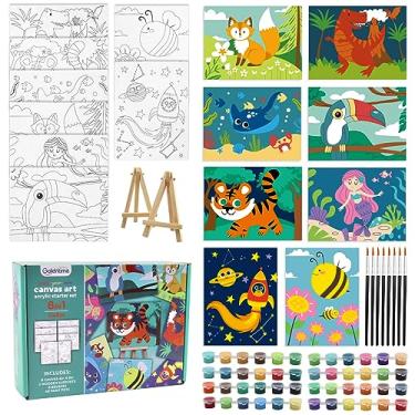 Imagem de 8 pacotes de telas pré-desenhadas para pintura infantil tela de pintura para crianças kits de pintura para crianças 4-8, 48 tintas, 8 pincéis, 2 cavaletes, tela impressa para pintar para meninas meninos e iniciantes