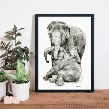 Imagem de Quadro Decorativo Família Elefantes 45X34Cm - Madeira Preta