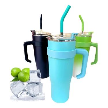 Imagem de Copo Térmico Gigante Em Inox 1200Ml Canudo Metal Azul-Celes