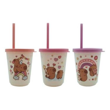 Imagem de Kit 3 Copos Com Tampa e Canudo Capivara Infantil 300ml - FWB