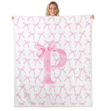Imagem de Cobertor infantil com laço de desenho animado, gravata borboleta rosa letra P nó princesa meninas mulheres cobertor de cama, aquarela laço patchwork rosa branco felpudo cobertor, tamanho da manta (127