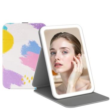 Imagem de Espelho de maquiagem recarregável para viagem iluminado com capa de couro PU, espelho portátil de maquiagem de viagem com luzes, iluminação em 3 cores, sensor de toque regulável, espelho cosmético de