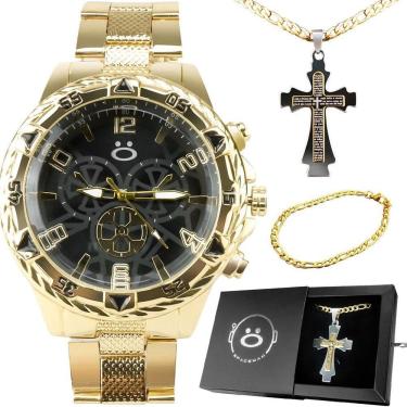 Imagem de Relógio Masculino Aço Banhado + Pulseira + Cordão Crucifixo Dourado Inoxidável Casual Presente Preto