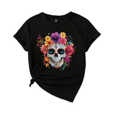 Imagem de Camiseta Feminina Com Estampa Gótica De Caveira, Gola Redonda, Manga C