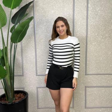 Imagem de Blusa Tricô Modal Feminina Listrado Elegante Tendência Frio - Exposiçã