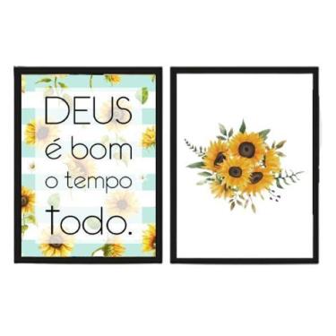 Imagem de Kit 2 Quadros Girassóis Deus É Bom 45X34Cm - Madeira Preta