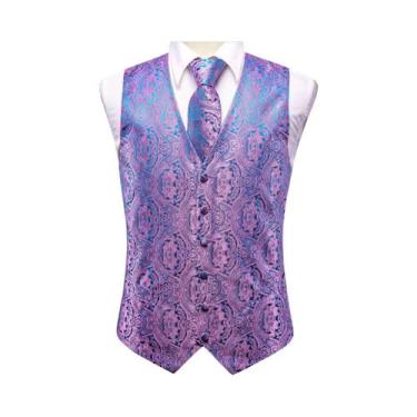Imagem de Colete Masculino Slim Fit De Seda Roxa Com Estampa Paisley, Conjunto D
