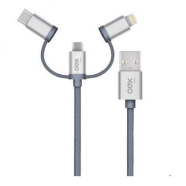 Imagem de Cabo Trio Usb Micro Usb, Type C E Lightning Em Nylon Trançado Oex Ce301 - 1M - Cinza