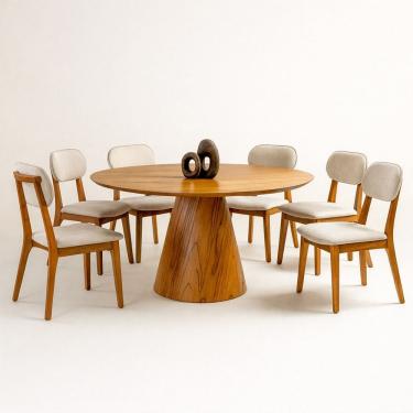 Imagem de Conjunto Sala de Jantar 6 Lugares Lara Mesa Redonda 135cm e 6 Cadeiras Madeira Macica Moveis Mundial