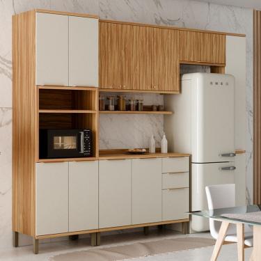 Imagem de Armário de Cozinha Modulada com Balcão e Tampo 12 Portas 3 Gavetas Nice Canelado 100% Mdf Amêndoa/Off White - Pnr Móveis