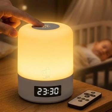 Imagem de Luminária de Mesa LED Recarregável com Relógio Digital e Controle Remoto, Abajur Touch Dimerizável Sem Fio Portátil, Luz Noturna para Quarto Infantil, Berçário e Escritório