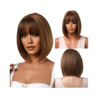 Imagem de Peruca Sintética Curta Marrom Escuro Com Franja Lisa Para Cosplay Loli