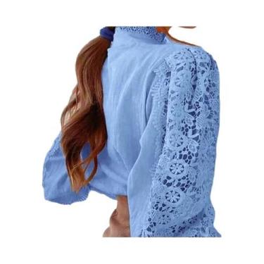 Imagem de Camisa Elegante Feminina De Renda Com Gola Alta E Manga Em Pétala, Blu