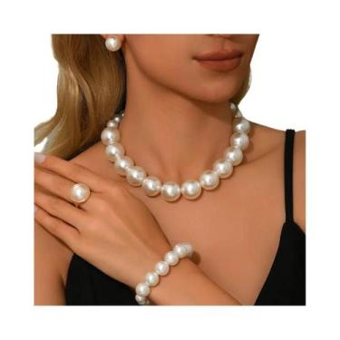 Imagem de Conjunto De Joias De Pérolas Falsas Brancas Para Mulheres: Colar, Brin