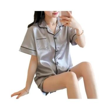 Imagem de Conjunto De Pijamas De Seda Satinada Feminino 2 Peças Com Botões, Roup