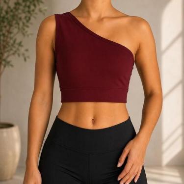 Imagem de Cropped Feminino Regata Um Ombro Só Barra Liso Academia Fitness Praia 