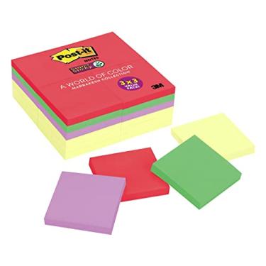 Imagem de Post-it Super Sticky Notes, 7,6 x 7,6 cm, 24 blocos, 2 x The Sticking Power, Marrakesh Collection, cores primárias (vermelho, amarelo, verde, azul, roxo), reciclável (654-24SSCYN)