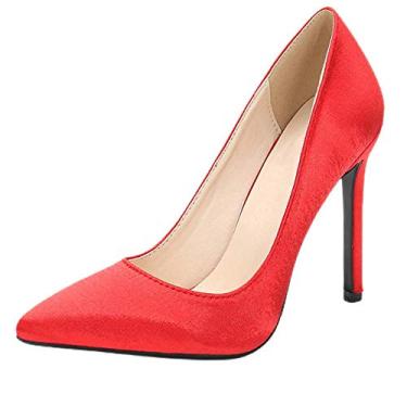 Imagem de A shoe store Sapatos femininos sexy Stilletoes 11 cm salto alto slip on bico fino casamento noiva vestido cetim salto alto, Vermelho, 7.5
