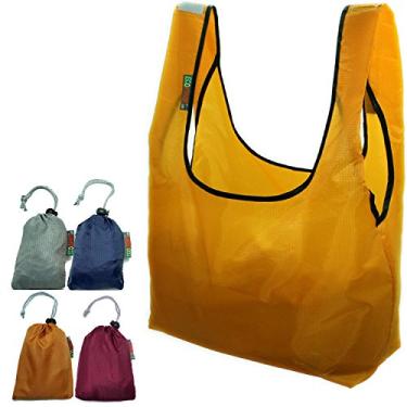 Imagem de EcoJeannie Saco de compras de mercearia dobrável de nylon Ripstop com 4 unidades, bolsa embutida, RBS044 (cinza, azul-marinho, mostarda, vinho)