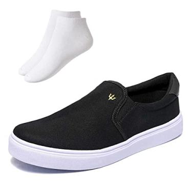 Imagem de Kit Tênis Masculino Slip Preto De Lona Sapatênis Sem Cadarço Extra Leve + Meia Cano Curto