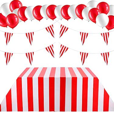 Imagem de Conjunto de 22 peças de decorações de festa temáticas de carnaval inclui toalhas de mesa de carnaval listradas vermelho e branco faixa de circo para festas de carnaval