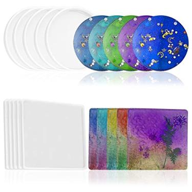 Imagem de Conjunto de moldes de resina para copos de 10 peças, encontre 5 peças redondas e 5 peças de moldes de silicone quadrados para artesanato faça você mesmo, porta-copos para decoração de casa