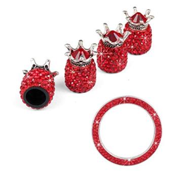 Imagem de Bonés de válvula Besportble, 4 peças, feitos à mão, cristal, strass, universal, válvula de pneu de carro com 1 peça de adesivo de anel de emblema (vermelho)