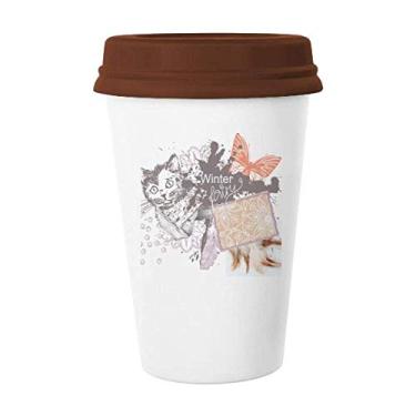 Imagem de Caneca de cerâmica de pequeno gato e borboleta com pintura de tinta, caneca de café de vidro bebendo cerâmica