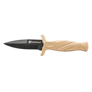Imagem de Smith & Wesson Faca de bota SS de alto carbono FDE 15,8 cm com lâmina de borda única de 7 cm e cabo emborrachado para sobrevivência ao ar livre, acampamento e EDC, Tan