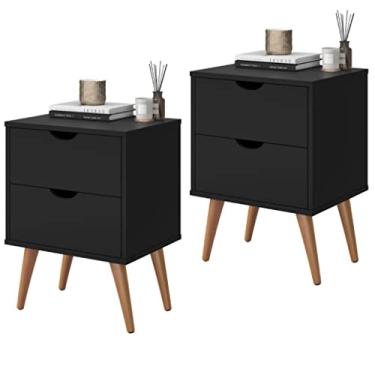 Imagem de Conjunto Mesa de Cabeceira Madri 2 Gaveta e Nicho Pés Retrô (Preto)