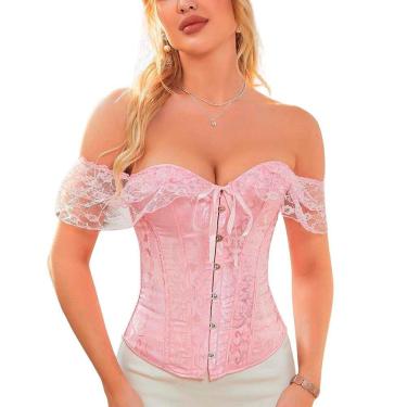 Imagem de Corset Corselet Blusa Modeladora Manga Curta Renda Floral Linha Clássica Rosa Claro M699