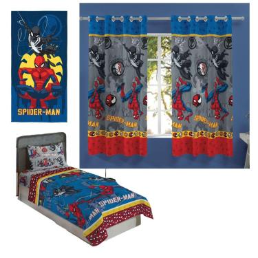 Imagem de Kit Quarto Spider Man Completo Jogo De Cama, Cortina E Toalha