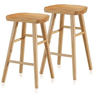 Imagem de Cadeiras de jantar cadeiras de sala de jantar banquetas de bar de metal conjunto de 2, cadeira de bar industrial de madeira maciça apoio para os pés para casa bar cozinha balcão de ilha, acabamento natural 55/65/75 cm tudo