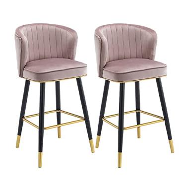 Imagem de Cadeiras de jantar cadeiras de sala de jantar elegantes bancos de bar conjunto de 2, cadeiras de balcão de cozinha de veludo para café da manhã, cadeiras de bar bancos altos com pernas de metal e apoio para os pés para ilha de cozinha, altura do assento 55/65 cm